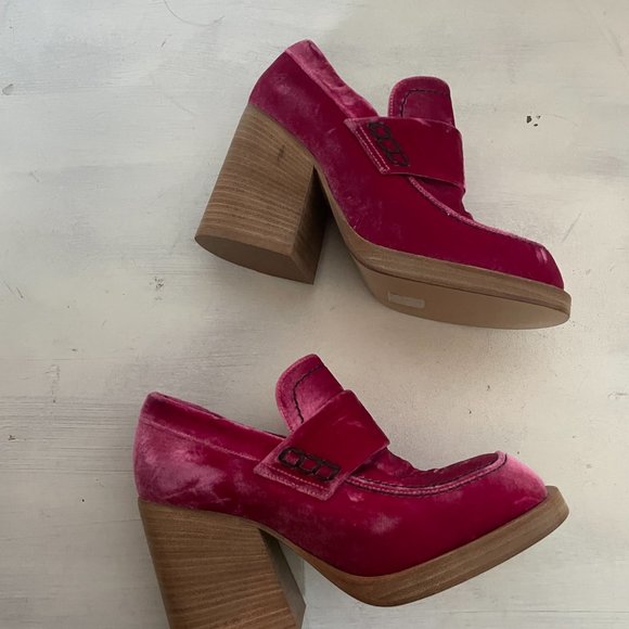 MARNI Pink Velvet Moccasin Loafers Chunky Block High Heels Sz 37 - Picture 6 of 10